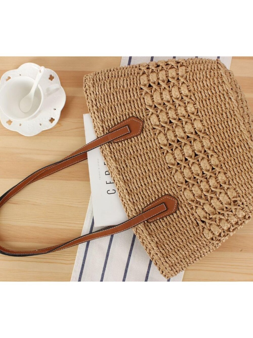 Womens Straw Tote Handbag - Summer Beach Bag with Top Handle - Handwoven Shoulde - Picture 2 of 7